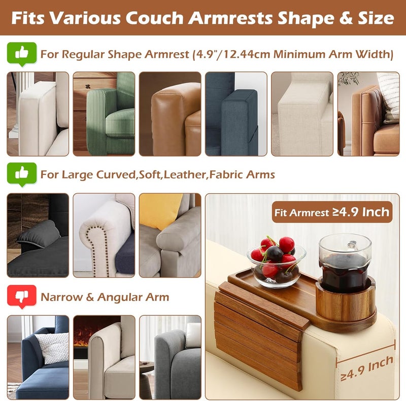 BAMTRAY Couch Cup Holder Tray, 15.75" Acacia Wood Couch Armrest Table, 3 in 1 Foldable Sofa Clip on Side Table with 360° Phone Stand, Armrest Tray for Coffee Snacks - Image 2